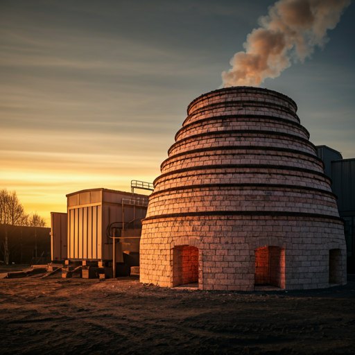 Cinematic shot of a traditional industrial brick kiln at dawn with glowing fire light and rising smoke against a moody grey sky