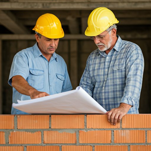 Professional engineer and an elderly master craftsman discussing blueprints at a construction site with heavy brickwork