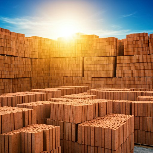 Vast industrial masonry yard with thousands of perfectly stacked terracotta bricks